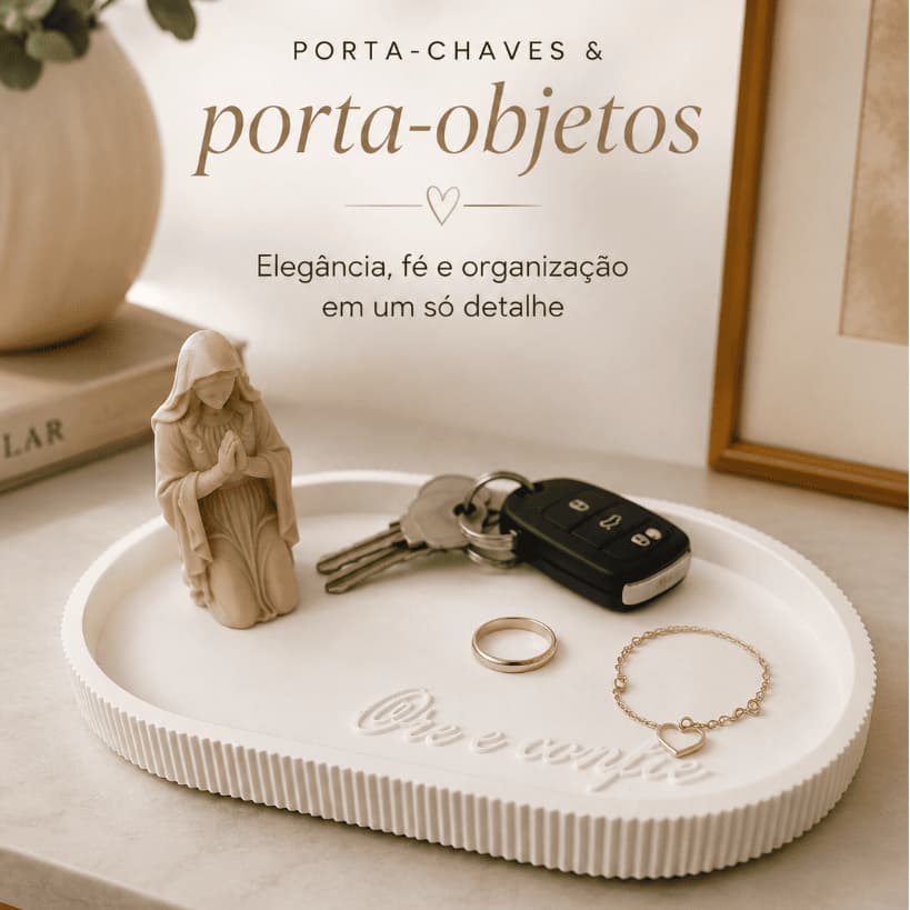 Bandeja Porta-Chaves e Porta-Objetos "Ore e Confie" | Decorativa | Formato Oval | Bordas Caneladas | Branca