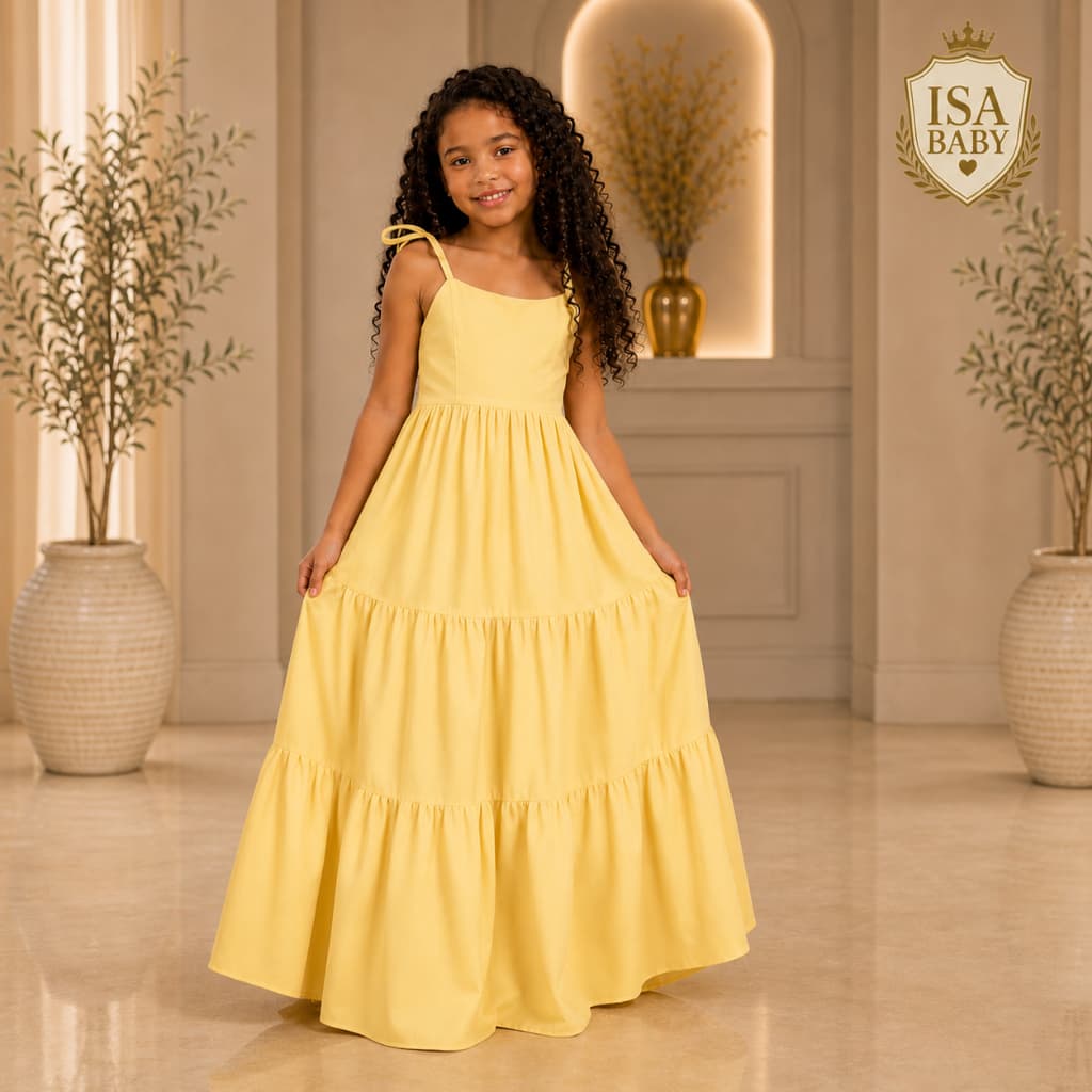 Vestido liso longo amarração nas costas menina estilosa crianças e adolescentes