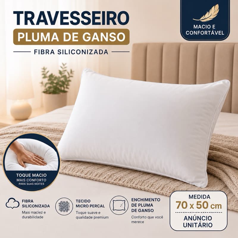 Travesseiro Pluma de Ganso 50 x 70cm— Fibra Siliconizada Micropercal Macio e Confortavél