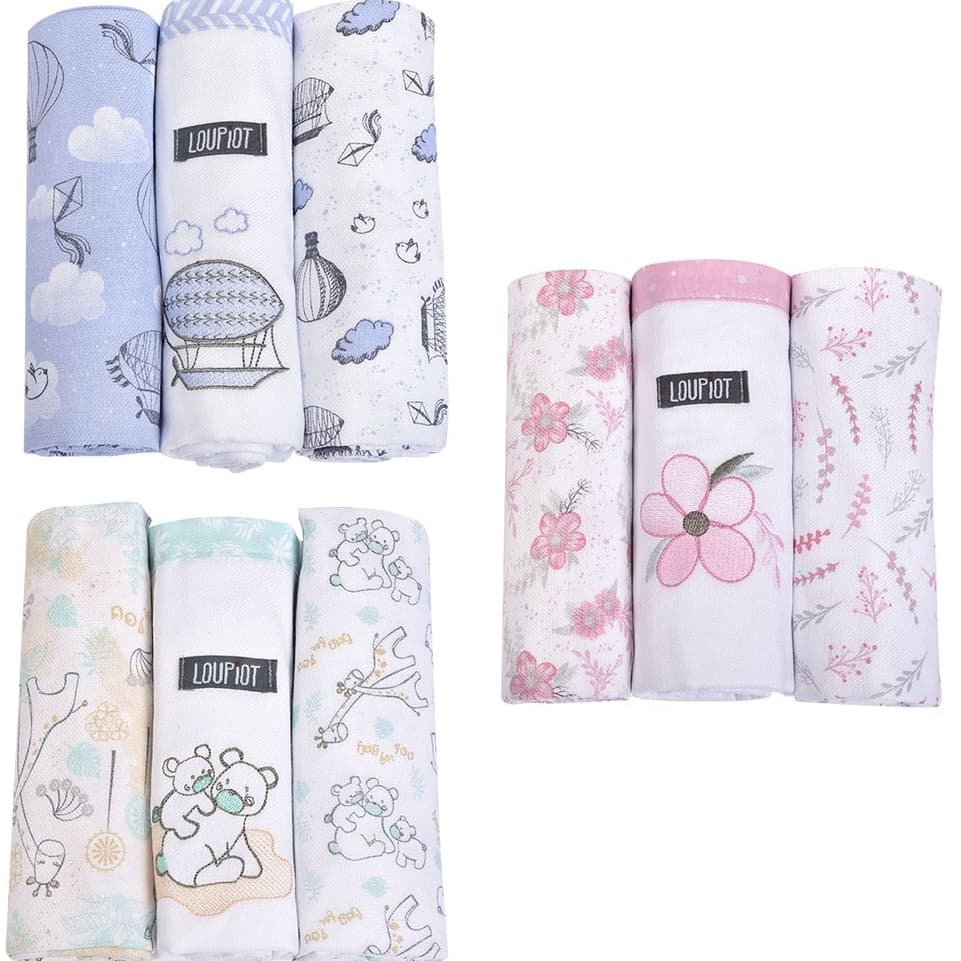 Kit Cueiro Manta para Bebê 3 Peças Bordado Premium 100% Algodão 80x80 Loupiot Minasrey Enxoval RN