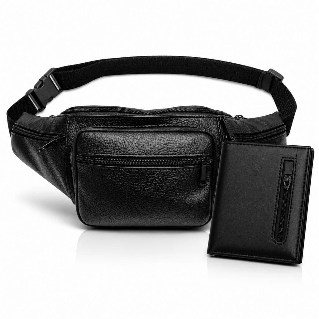 Kit Carteira Masculina Preta Com Zíper + Pochete de Couro 5 Compartimentos e Alça Ajustável