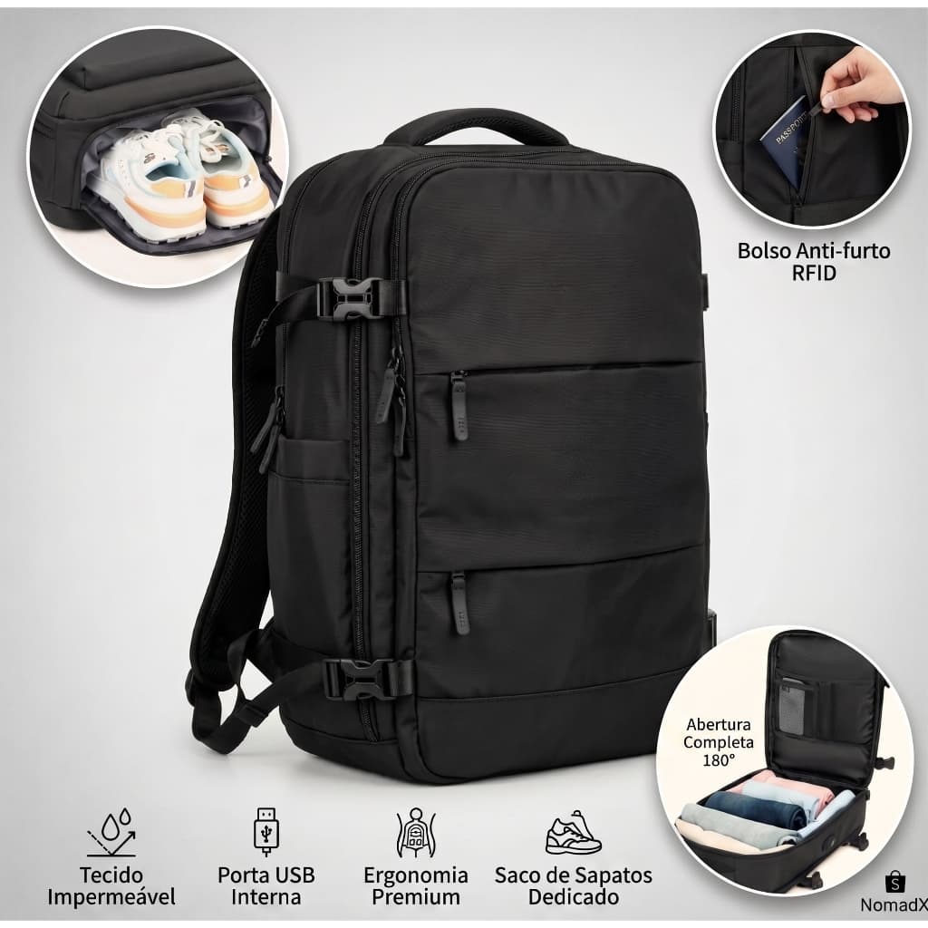 Mochila Premium Grande de Viagem 47cm Impermeável com Compartimento Térmico, Notebook e Calçado