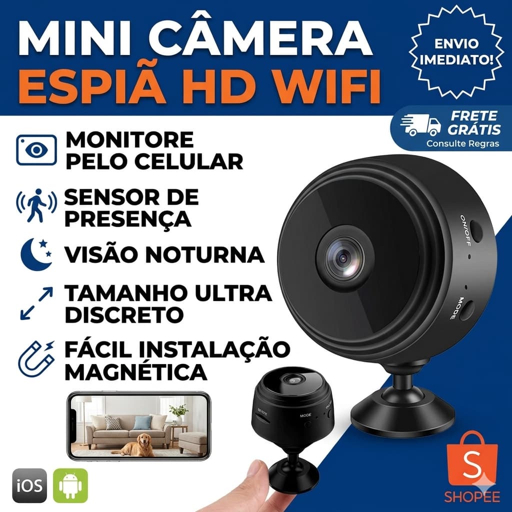 Câmera Espiã Mini HD WiFi com Sensor de Presença Visão Noturna e Suporte de Encaixe