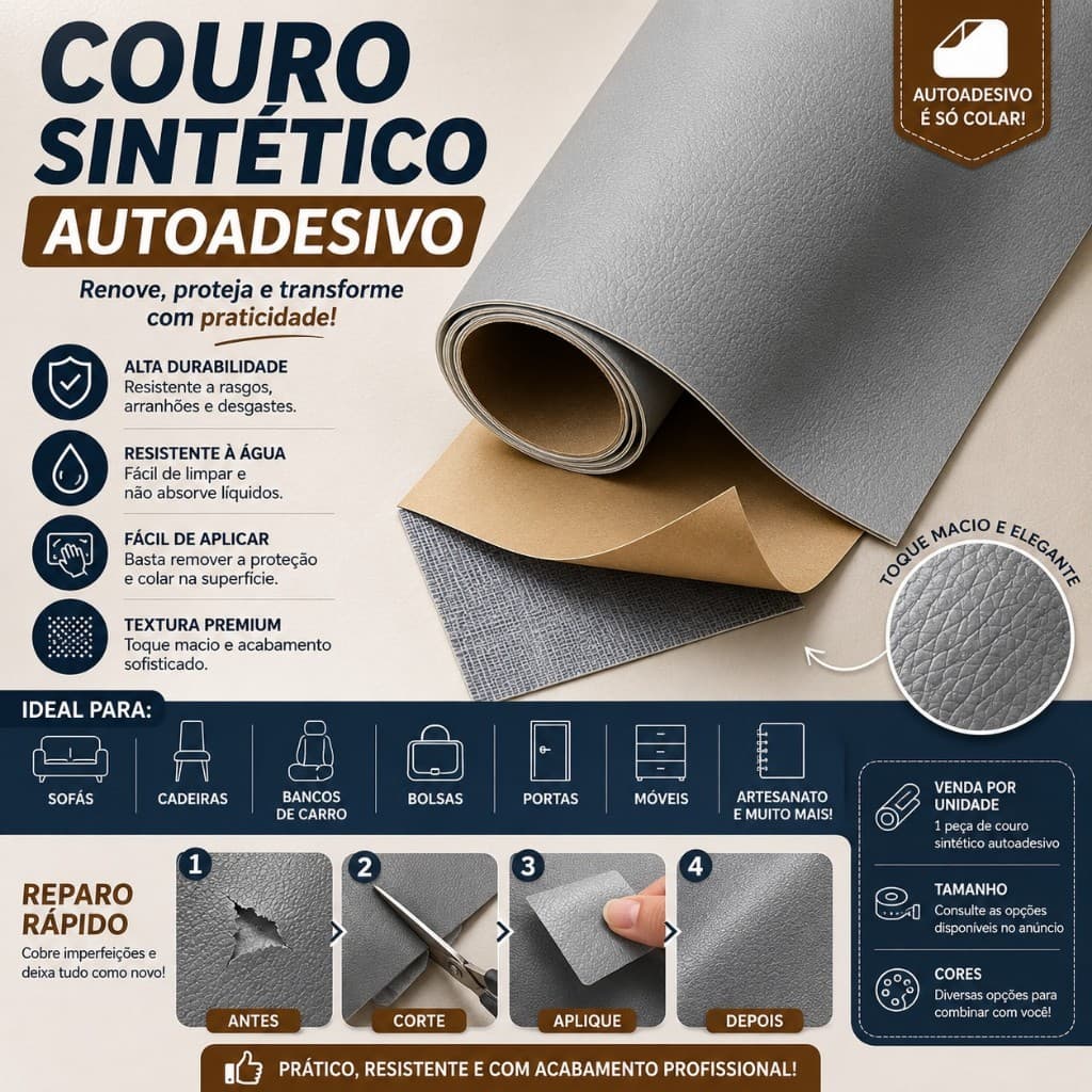 Reparo Para Couro Cinza Ranhurado Sintético Autoadesivo 20x30cm para Sofá Cadeira Banco