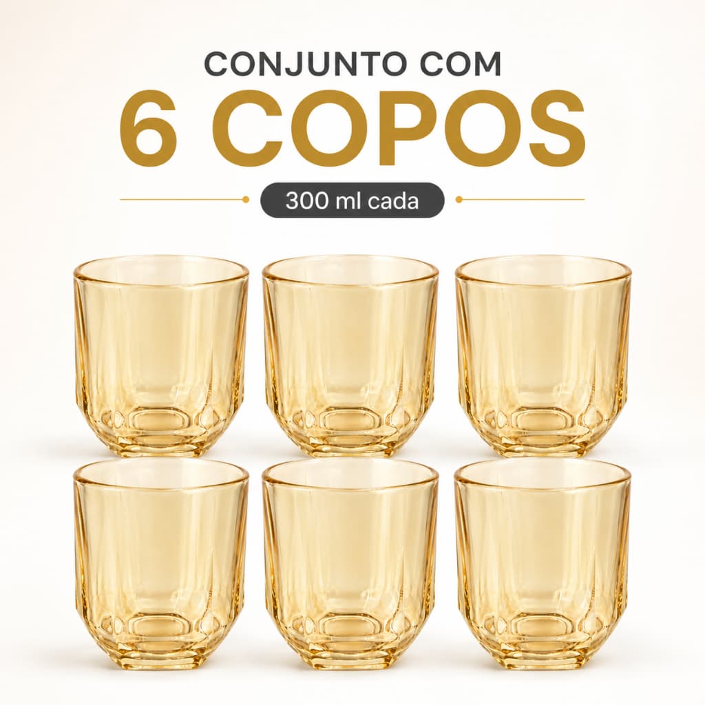 Jogo 6 Copos de Vidro Âmbar Dourado 300ml Base Grossa para Água Suco Drinks e Whisky
