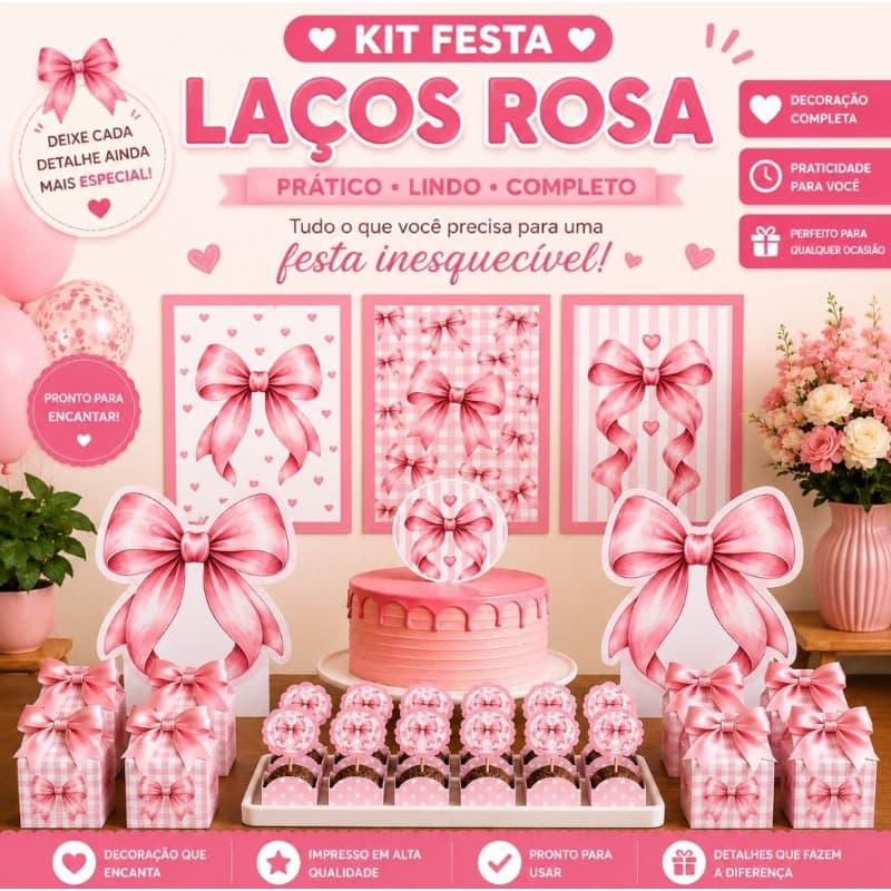 Kit Festa Só Um Bolinho Laços Rosa | Kit Decoração Festa Infantil Completo Laço | Topo de Bolo, Toppers e Displays