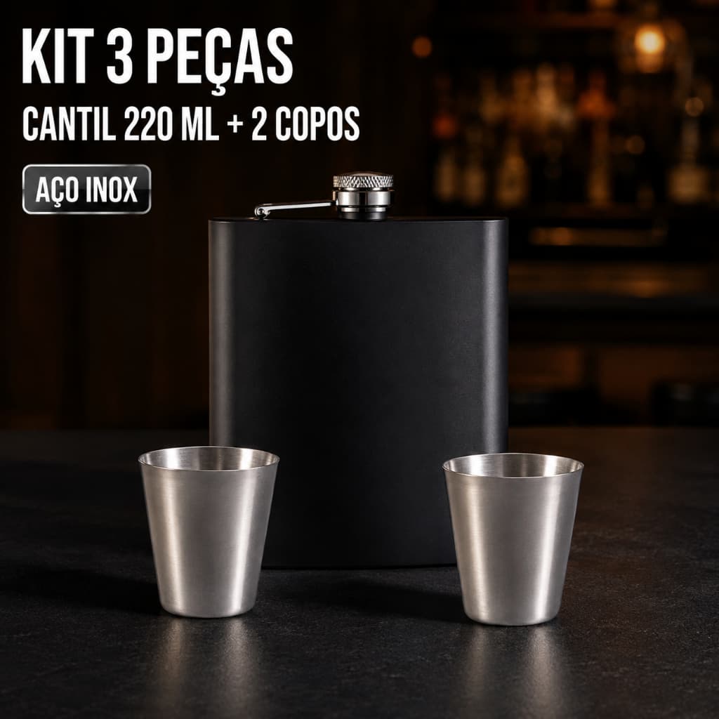 Kit Cantil Porta Bebida 220 Ml Com 2 Mini Copos Aço Inox Whisky Preto