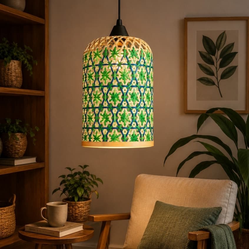 Luminaria Lustre Fibra Natural Bambu Palha Colorido Decor  127/220v Azul