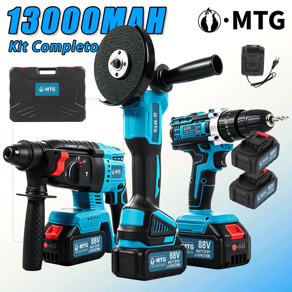 Kit MTG 3 em 1 Brushless com Furadeira, Esmerilhadeira e Martelete Sem Fio + Maleta
