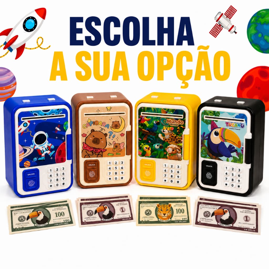 Cofrinho Eletrônico Infantil Estampas Diversas Cofre Digital Com Senha Porta Notas e Moedas