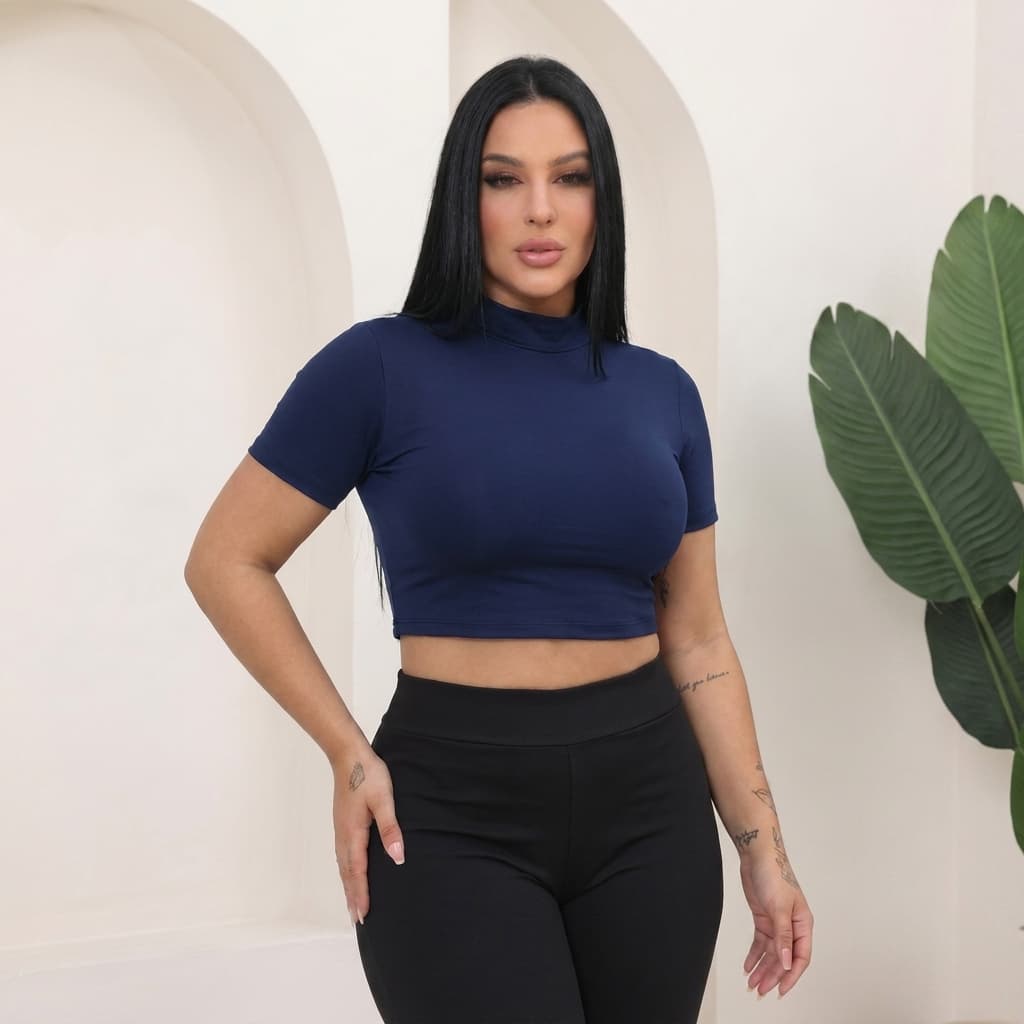 Blusa Cropped Feminino gola alta com mangas curtas veste bem do P ao GG 36 ao 44 Diversas cores