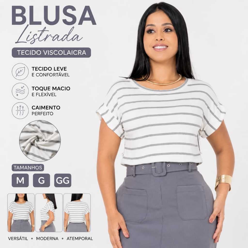 Blusa Manga Curta Listrado Gola Redonda Tendencia Feminina