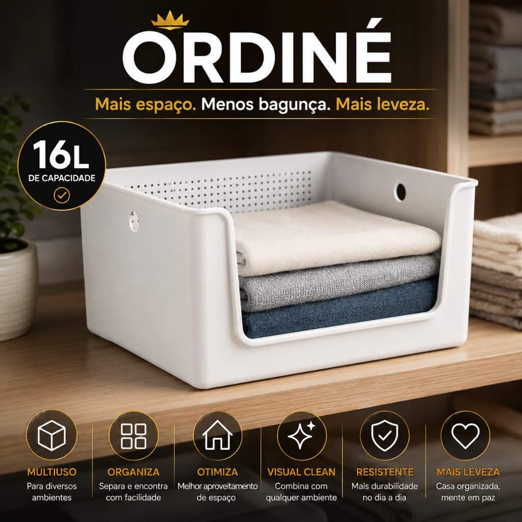 Cesto Organizador ORDINÉ 16L Branco Multiuso para Casa e Escritório