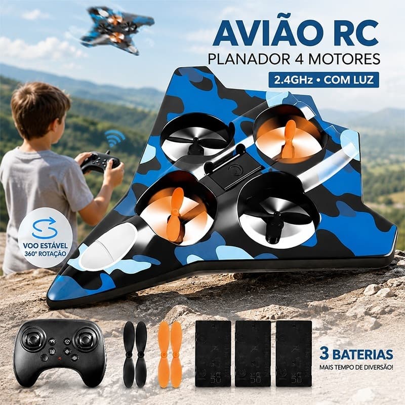 Avião Controle Remoto RC 2.4GHz 4 Motores Planador Infantil Caça Voo Estável Com Luz Bateria Recarregável