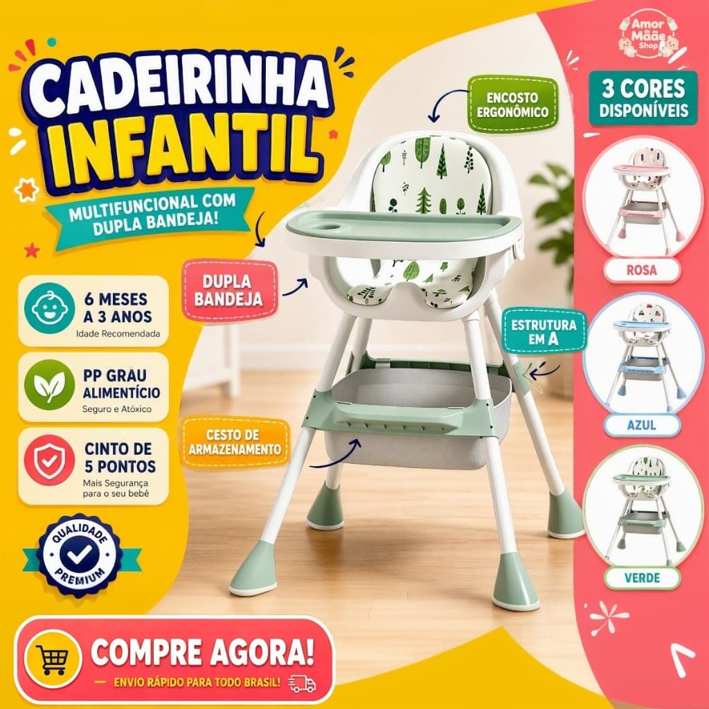 Cadeira de Alimentação Infantil 3 em 1 Alta e Baixa com Assento