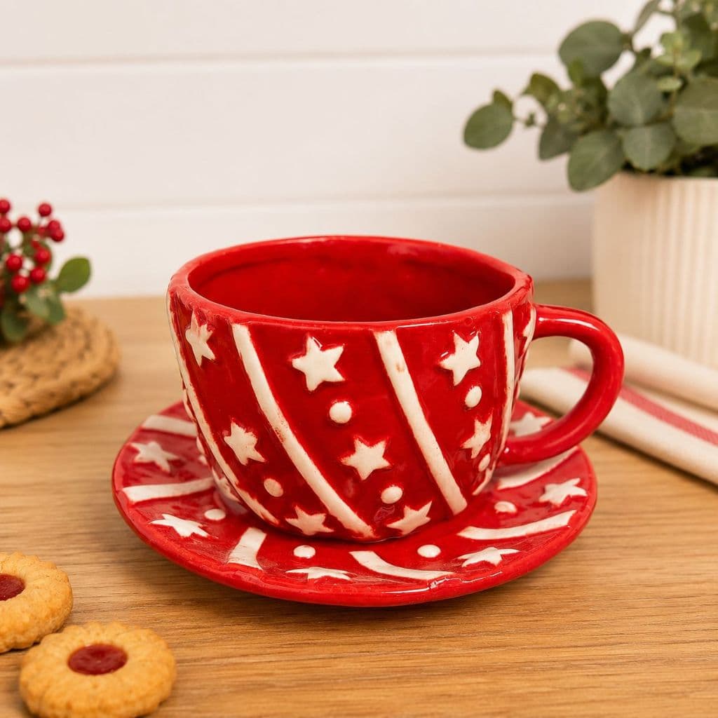 Xícara de Natal com Pires em Porcelana Vermelha Decorada Estrelas Kit Natalino para Café Chá Mesa Posta