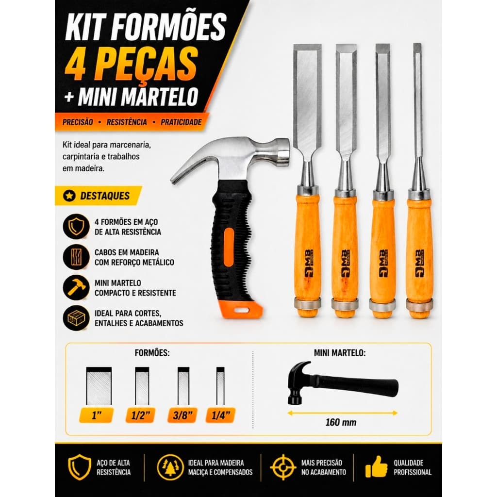 Kit Marceneiro Formão Jogo 4 Peças com Mini Martelo Entalhe e Acabamento Pofissional Cabo de Madeira