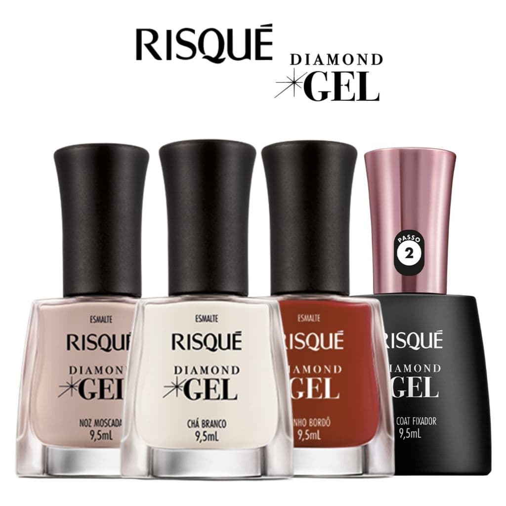 Kit Esmaltes Risqué Diamond Gel 3 Esmaltes + Top Coat Fixador Esmaltes Atacado