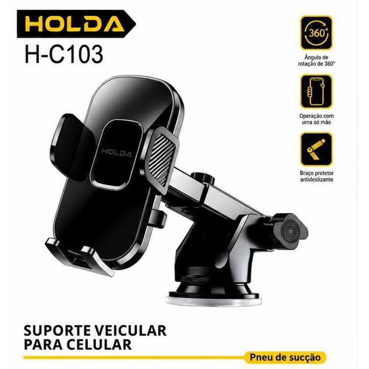 Suporte Veicular para Celular HOLDA H-C103 360° com Ventosa, Braço Ajustável e Antiderrapante