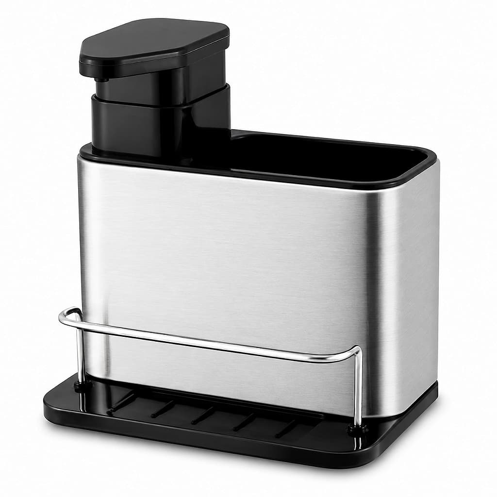 Dispenser Porta Detergente Inox 3 em 1 com Porta Esponja Organizador de Pia para Cozinha