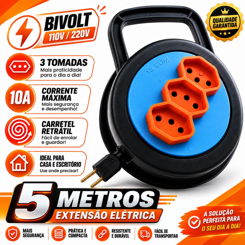 Extensão Elétrica 5 Metros Retrátil Redonda 3 Tomadas 10A Bivolt 110V 220V Cor Sortida