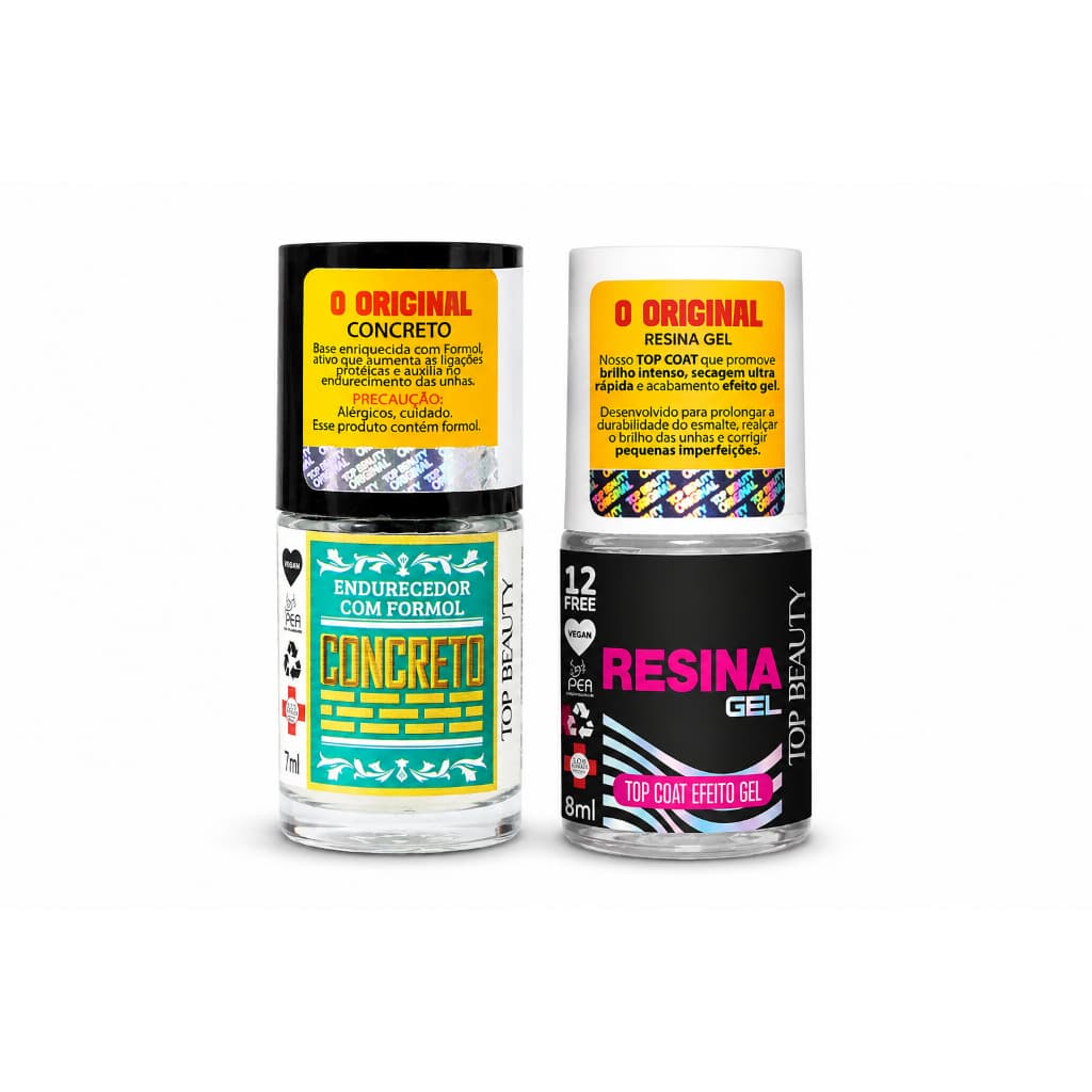 Kit com 2 Bases Concreto Endurecedor + Resina Gel Top Coat Efeito Gel Linha Sos Unhas Top Beauty