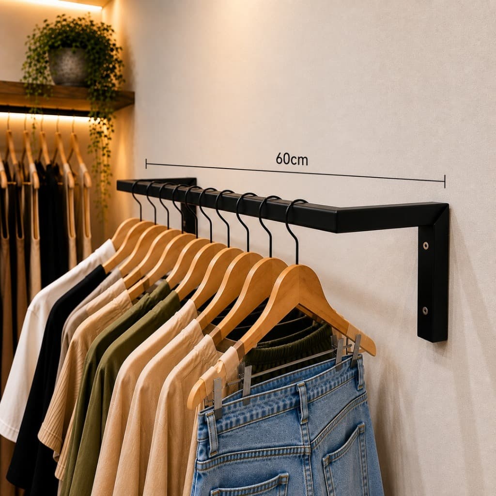 Arara De Roupa Parede 0.60m Suporte Roupas Cabideiro Quarto Closet Preto/Branco