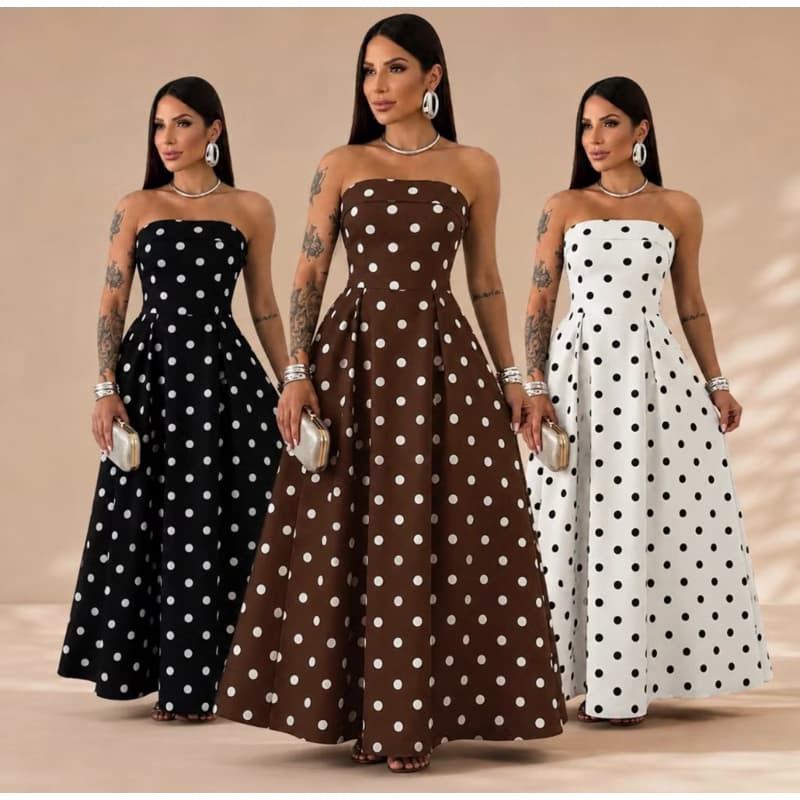 VESTIDO LONGO POÁ FEMININO BOLINHA TOMARA QUE CAIA MODINHA TENDÊNCIA RETRÔ