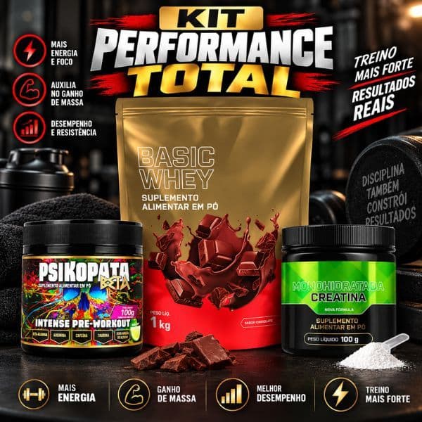 Kit Whey Protein 1kg + Creatina Monohidratada 100g + Pré-Treino Psikopata Beta 100g