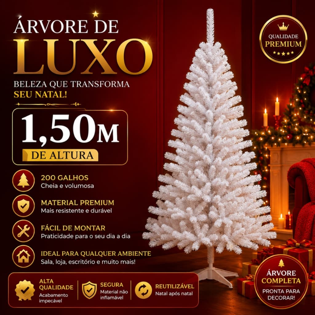 Árvore Pinheiro Luxo Branca 1,50m Natalina 200 Galhos Natal Premium Decoração Natal