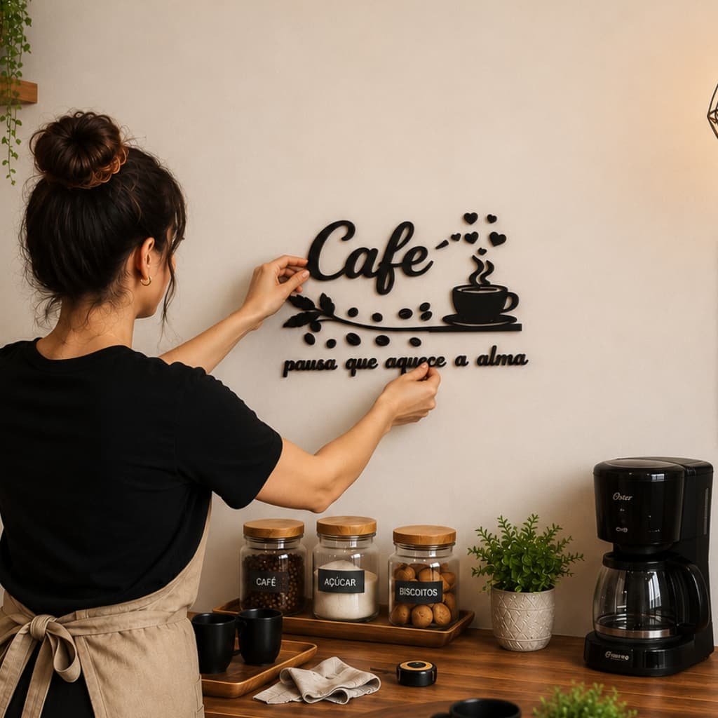 Cantinho do Café Placa Decorativa  44x26cm em MDF Café Pausa que Aquece a Alma