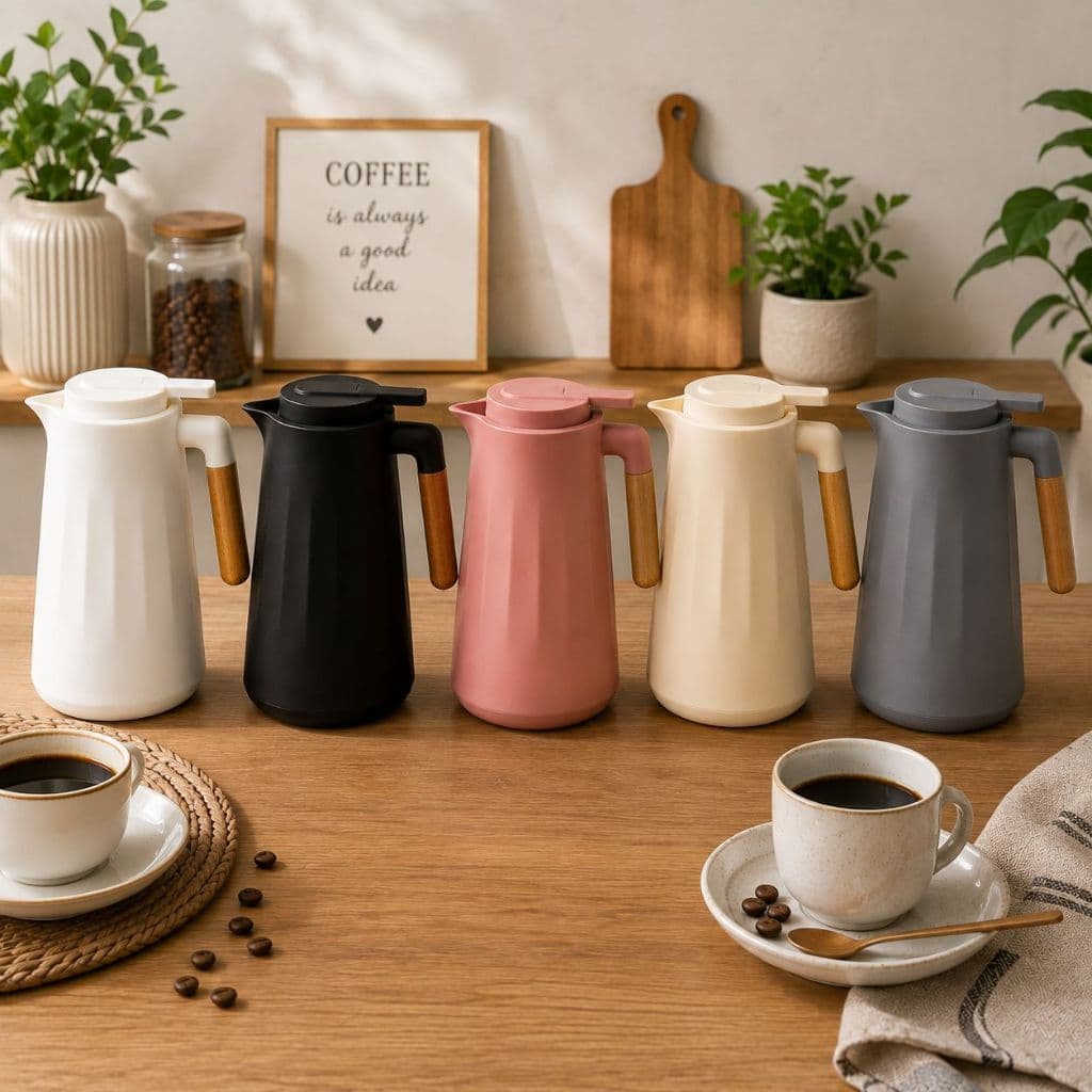 Garrafa Térmica Nórdica 1 Litro para Café Chá e Bebidas Quentes com Cabo de Madeira Bico Dosador -BN