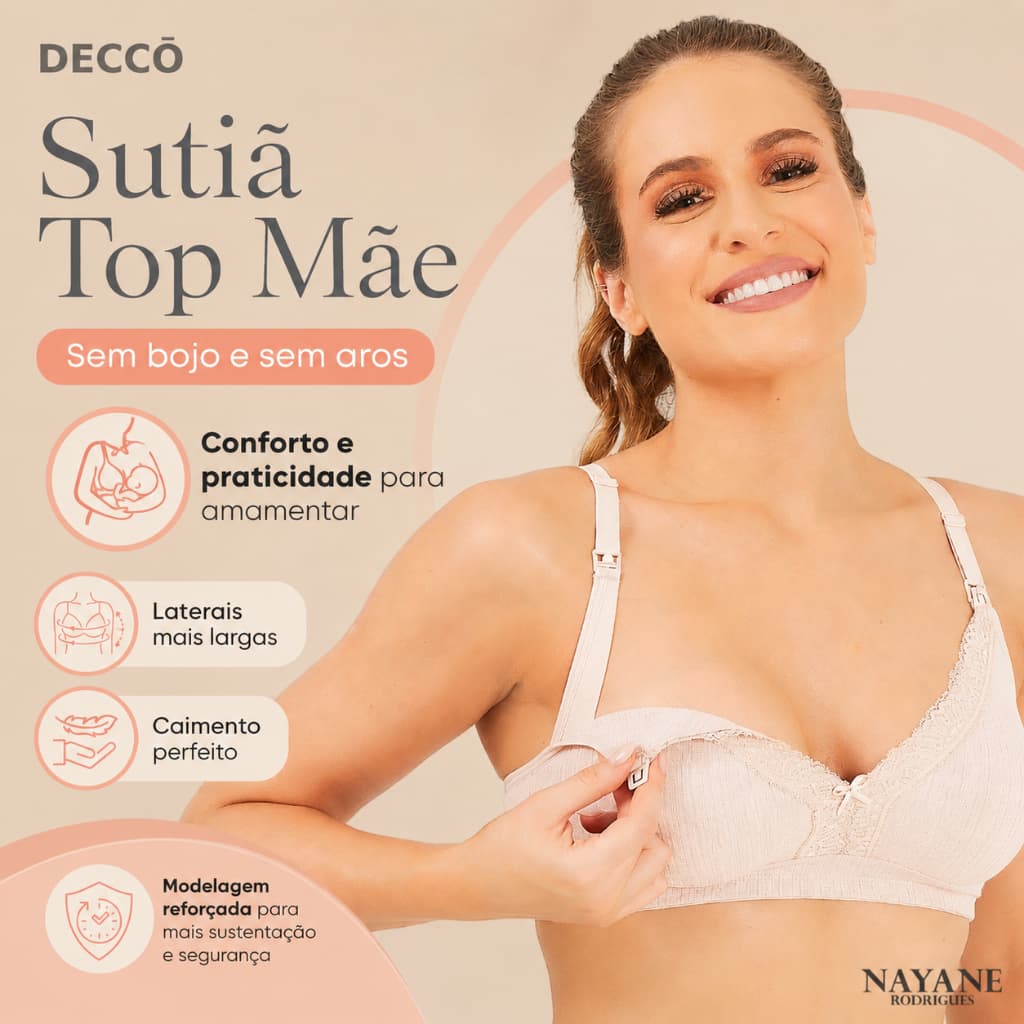 Sutia Top Nayane Rodrigues sem Bojo e Aro Click Funcional para Amamentacao Alca Larga Confortavel