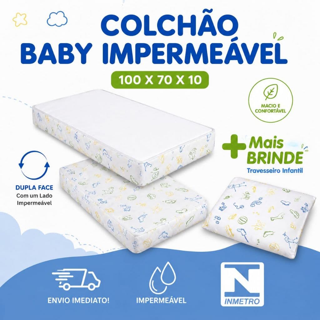 Colchão de Berço 100 x 70 Impermeável Para Chiqueirinho Cama Bebê Criança Infantil Espuma D18  Macia + BRINDE