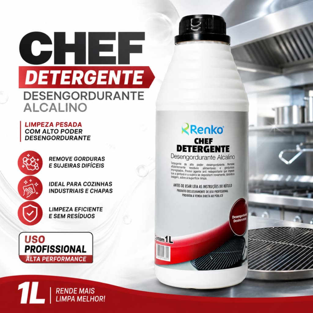 Chef Detergente Desengordurante Alcalino 1L Remove Gordura Cozinhas Equipamentos Superfícies