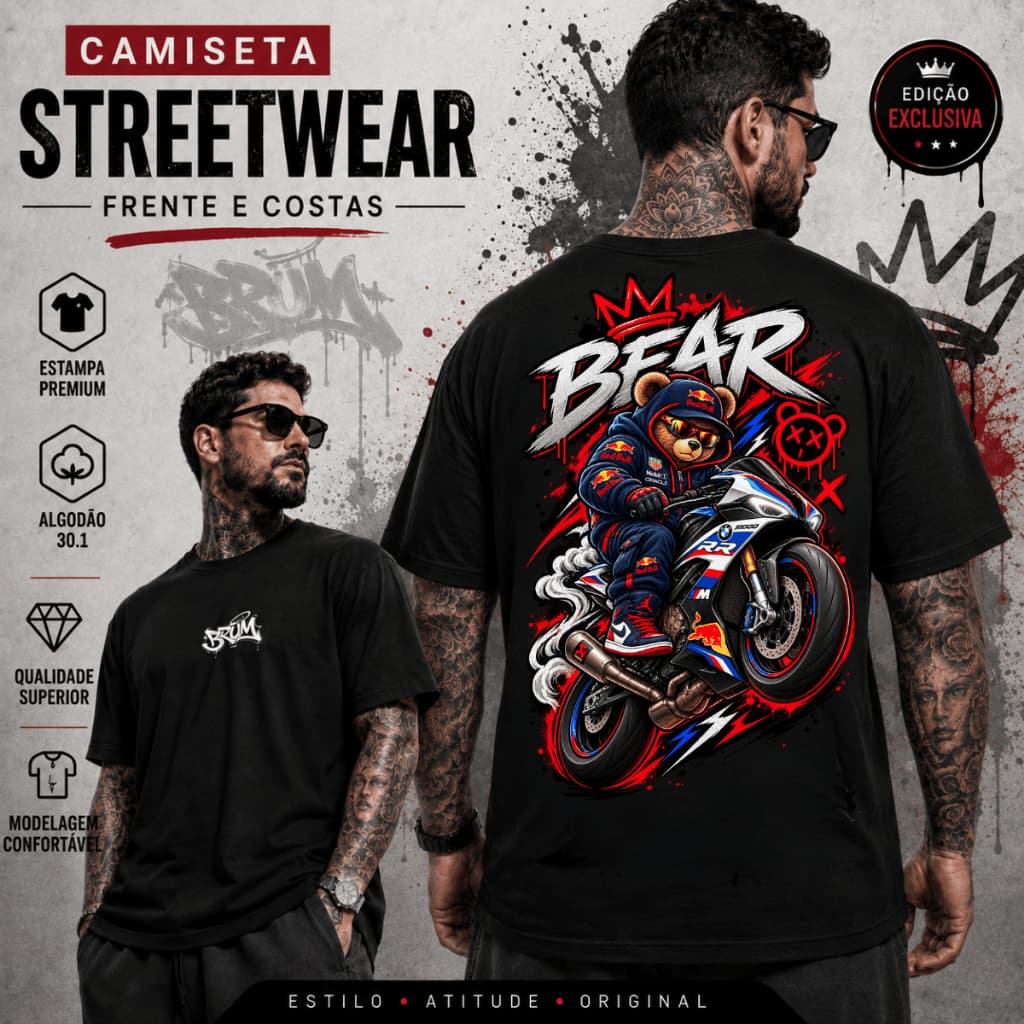 Camiseta Masculina 100% Algodão Streetwear Estampado Urso Bear Ferrari Casual Elegante Exclusiva
