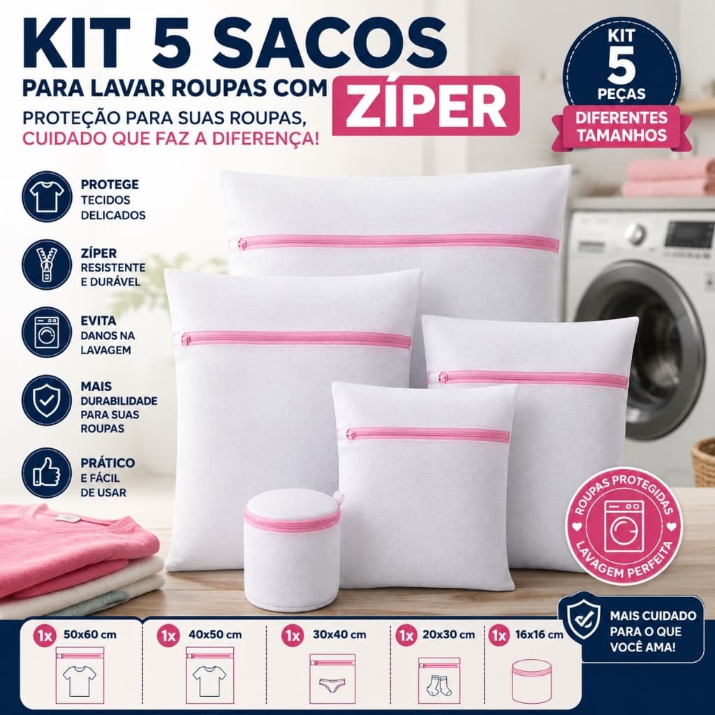 Kit 5 Sacos para Lavar Roupas com Zíper – Proteção para Tecidos Delicados, Prático e Durável