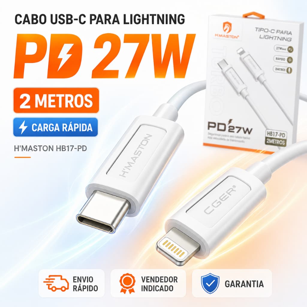 Cabo Carregador USB-C para Lightning H’Maston 27W PD 2 Metros Carga Rápida iPhone HB17-PD