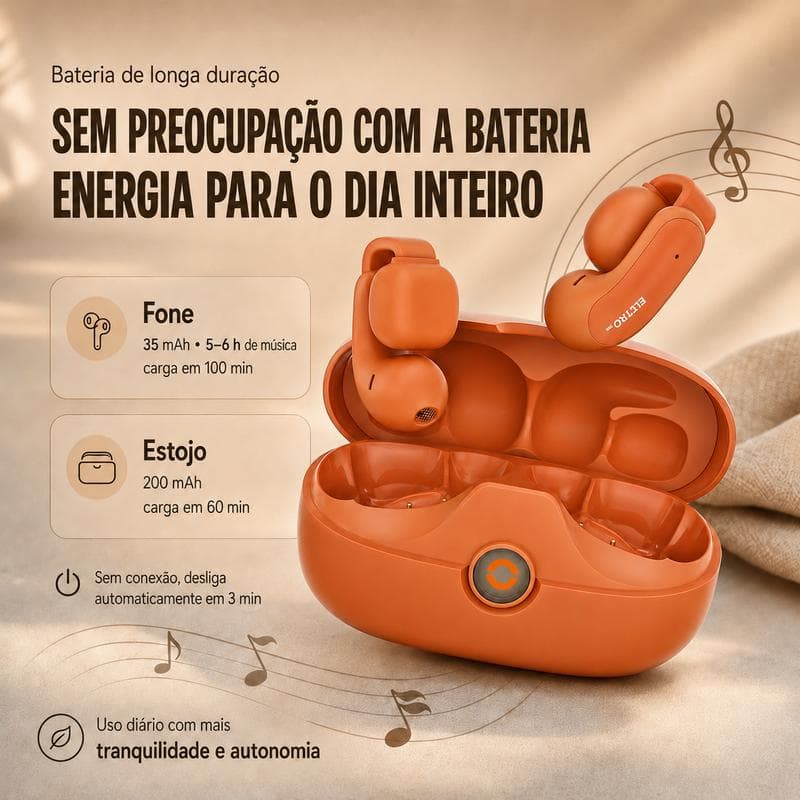 Eletromex Fone Bluetooth Ouvido Aberto Clip‑on Bluetooth 6.0 IPX4 À Prova D'água Baixa Latência Bateria Longa Duração