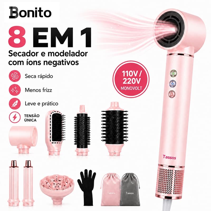 TASSOS Escova Secadora 8 em 1 Íons Negativos Anti Frizz Secador Alisador Modelador Cachos Difusor 110V 220V Profissional