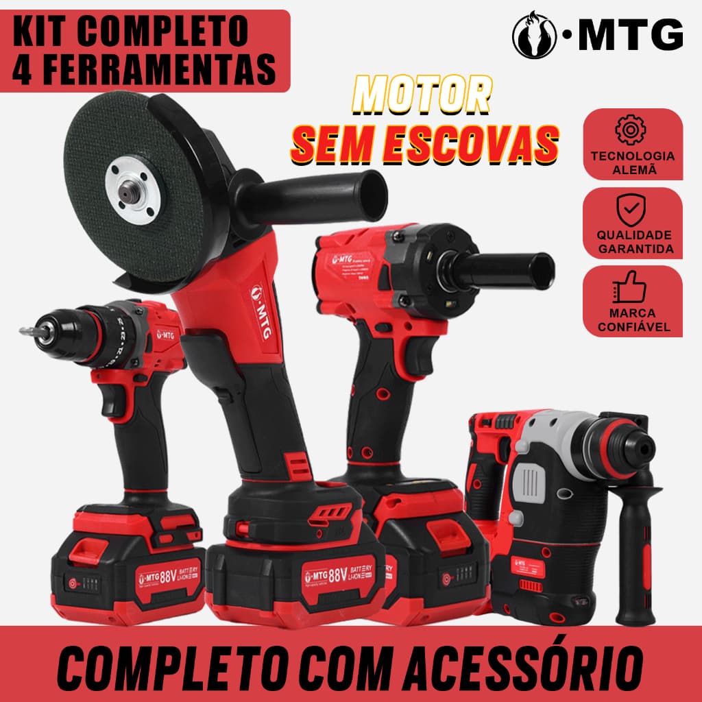 Kit 4 em 1 88V MTG Furadeira Parafusadeira + Chave de Impacto + Esmerilhadeira + Martelete, 4 Baterias e Maleta