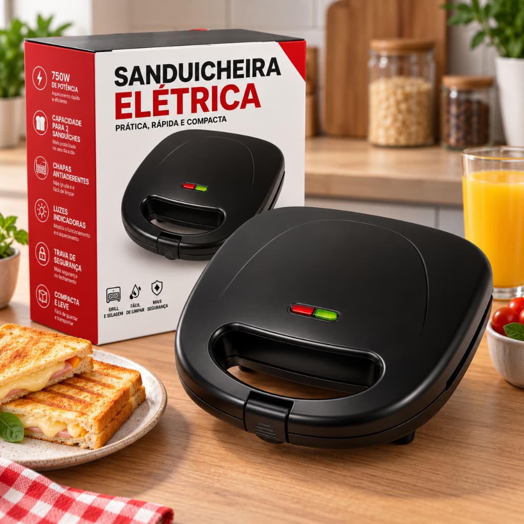 Sanduicheira Elétrica Grill 750W 127V Antiaderente Preta Compacta para Lanches