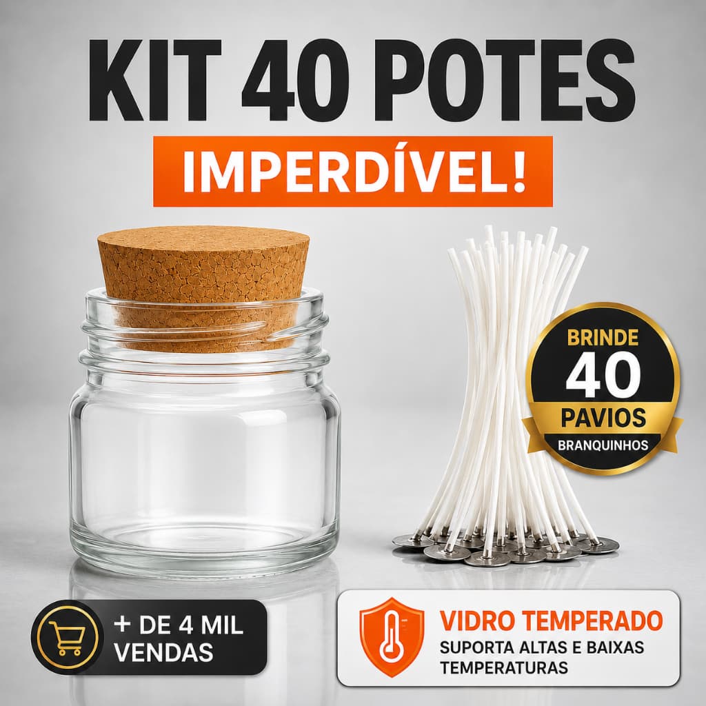 40 Potinho Vidro Redondo 40ml - Tampa Cortiça Rolha + 40 Pavios Branquinhos