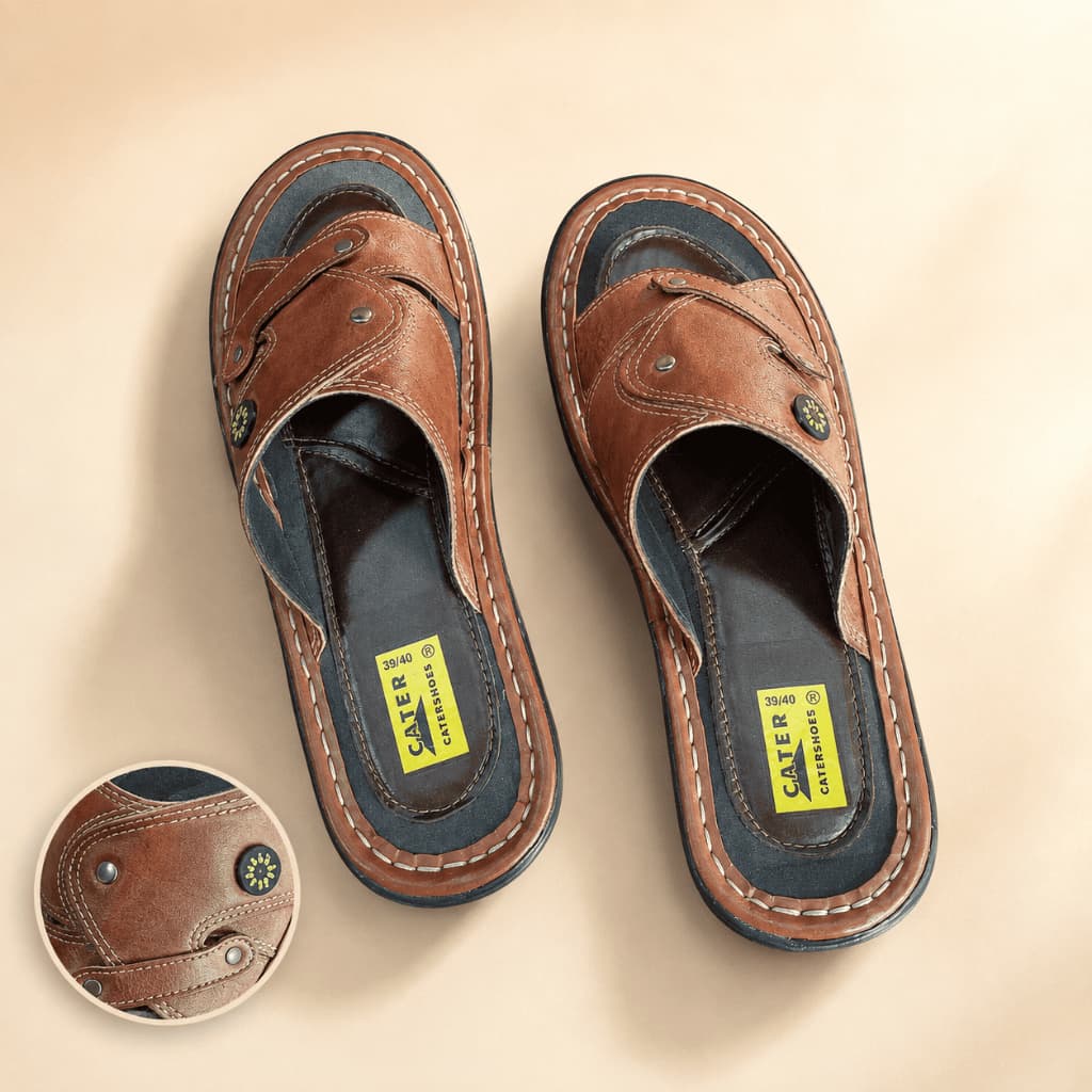 Chinelo Masculino Cater Slide Trançado em Couro Marrom Confortável Casual Premium Antiderrapante
