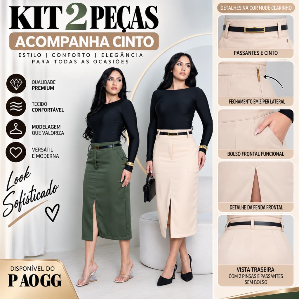 Kit 2 Saia Feminino Alfaiataria ACOMPANHA CINTO