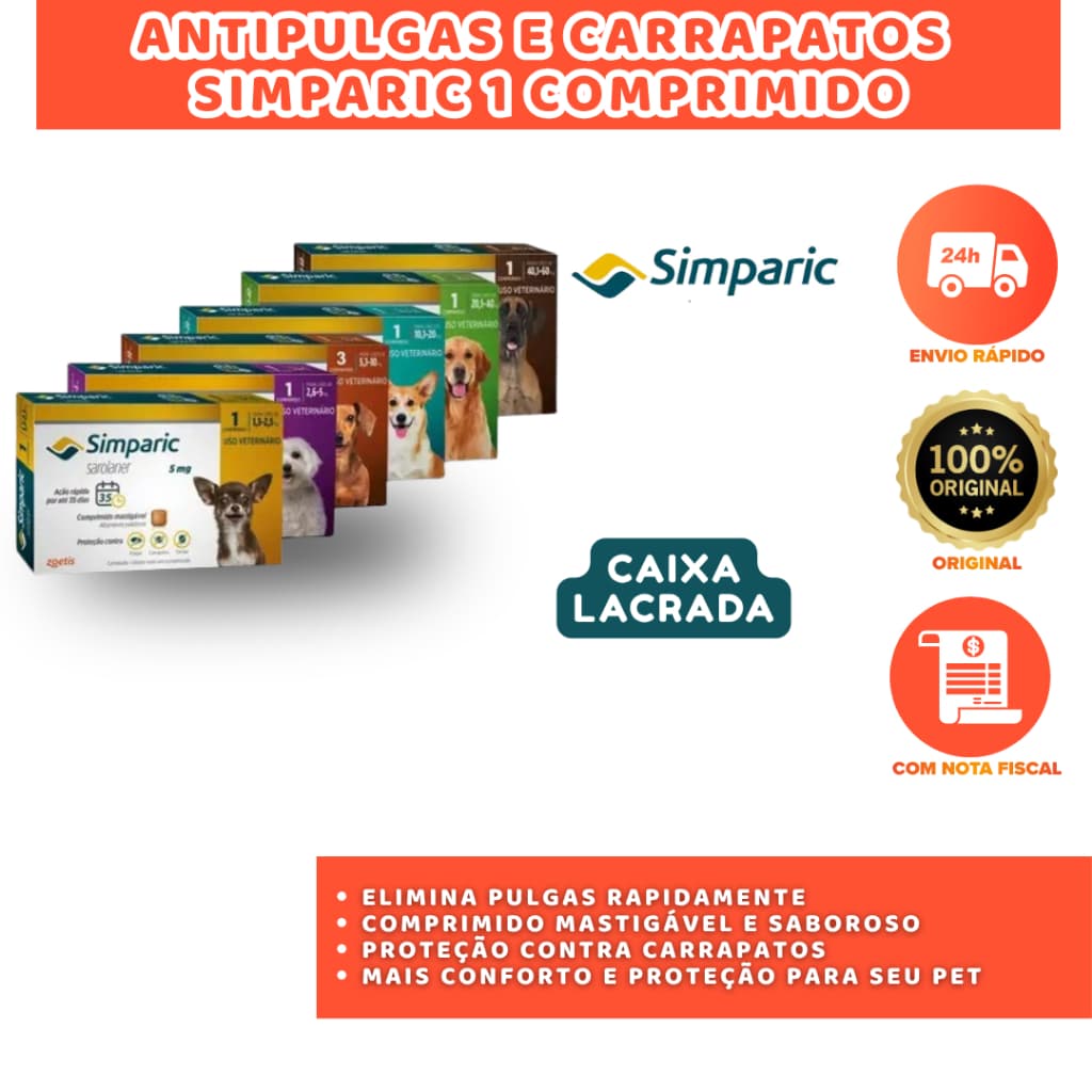 SIMPARIC ANTIPULGAS PARA CÃES 1 COMPRIMIDO AÇÃO RÁPIDA E DURADOURA