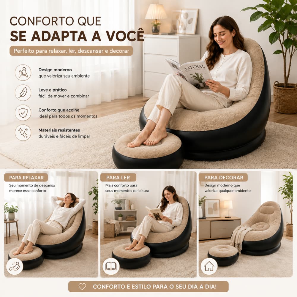 Sofá Inflável Portátil Flocado com Puff, Poltrona Inflável Aveludada Confortável para Sala, Quarto e Viagem