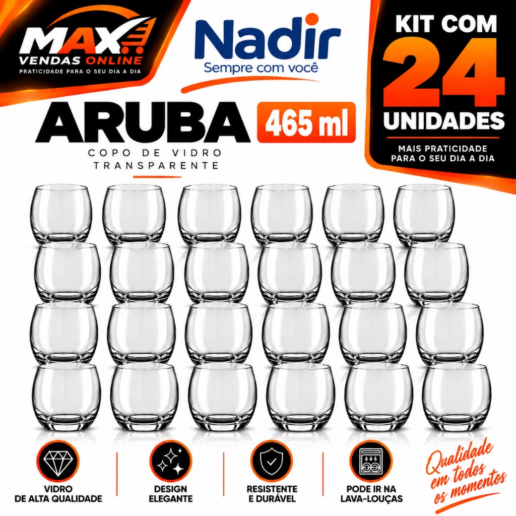 Kit Econômico 24 Copos de Vidro Nadir Aruba 465ml Transparente para Água Suco Refrigerante Drinks Mesa Posta