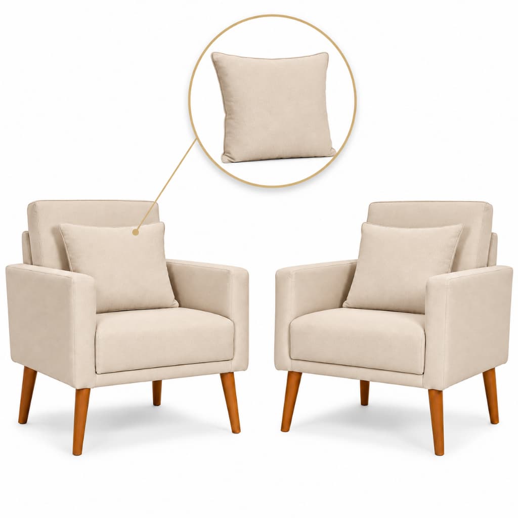 Kit 2 Poltrona Decorativa Nina + 2 Almofadas Cadeira Estofada Para Sala Quarto Pés Palito Confortável  - Trida Móveis