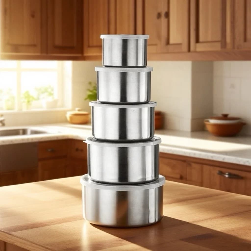 Kit 5 Potes Inox com Tampa Redondos para Organização